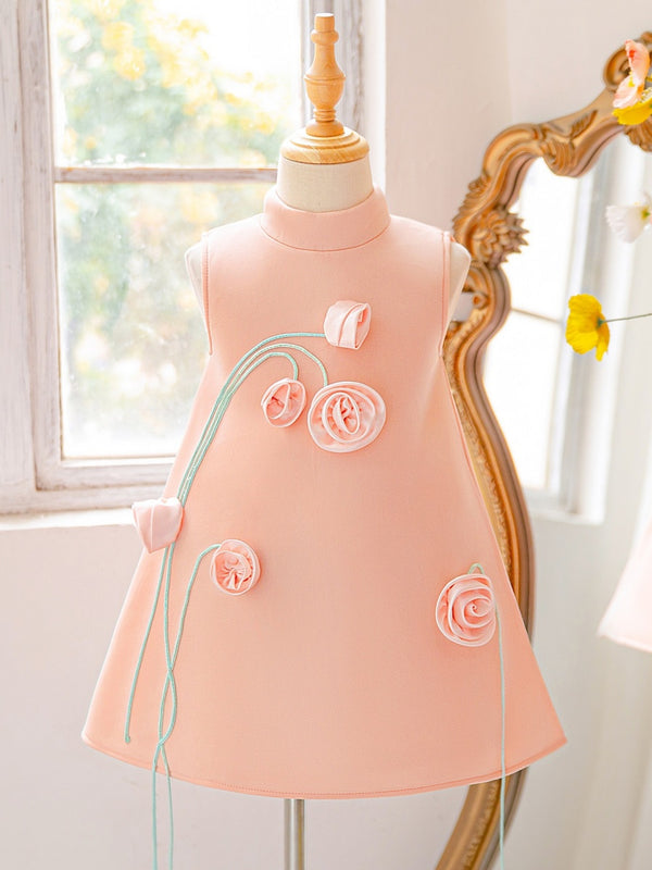 A-Line/Princess Turtleneck Sleeveless Knee-Length Flower Girl Dresses With 3D Floral