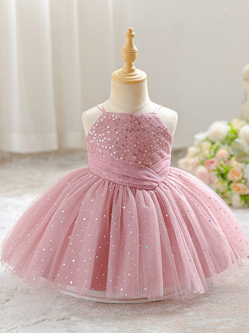 Ball Gown Spaghetti Straps Sleeveless Knee-Length Flower Girl Dresses With Sequins & Sash