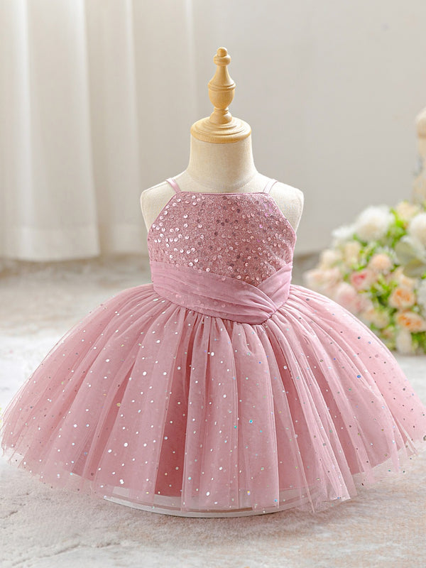 Ball Gown Spaghetti Straps Sleeveless Knee-Length Flower Girl Dresses With Sequins & Sash
