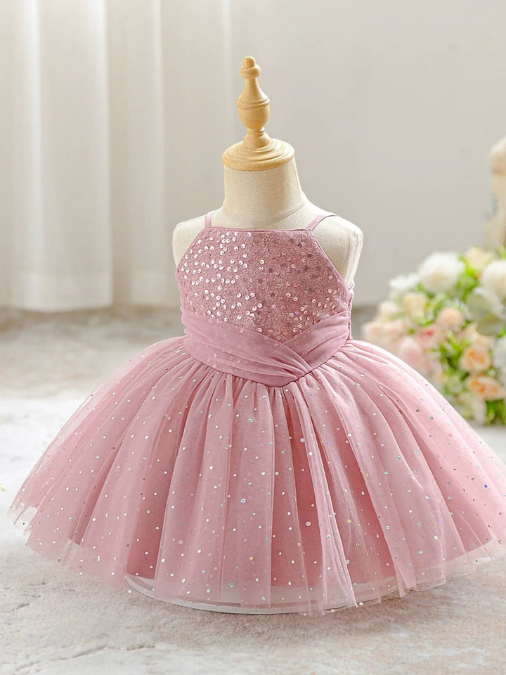 Ball Gown Spaghetti Straps Sleeveless Knee-Length Flower Girl Dresses With Sequins &amp; Sash