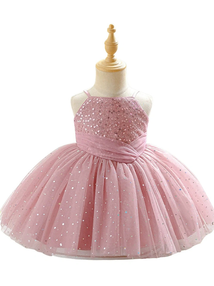 Ball Gown Spaghetti Straps Sleeveless Knee-Length Flower Girl Dresses With Sequins &amp; Sash