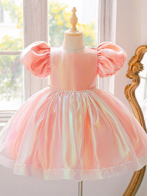 Ball Gown Scoop Puff Sleeves Knee-Length Flower Girl Dresses With Beading & Bowknot