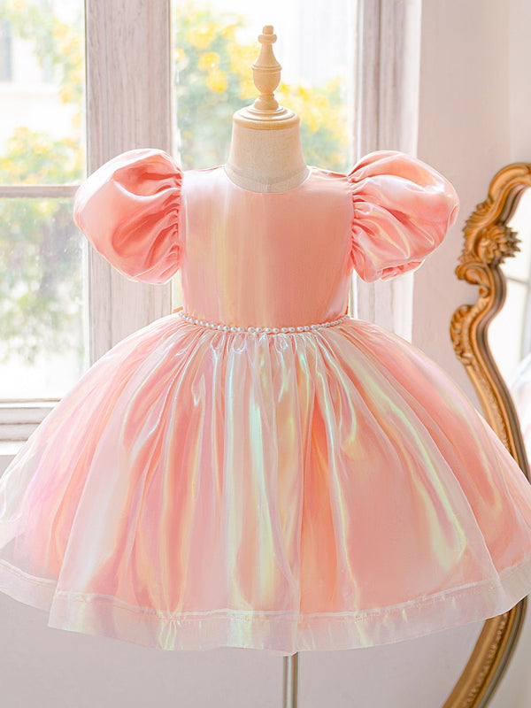 Ball Gown Scoop Puff Sleeves Knee-Length Flower Girl Dresses With Beading & Bowknot