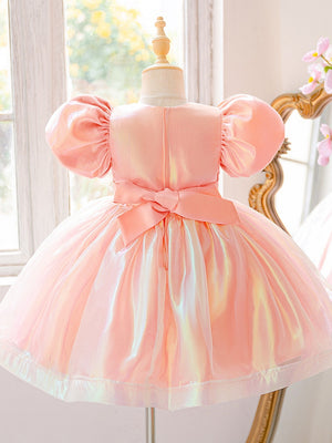 Ball Gown Scoop Puff Sleeves Knee-Length Flower Girl Dresses With Beading & Bowknot