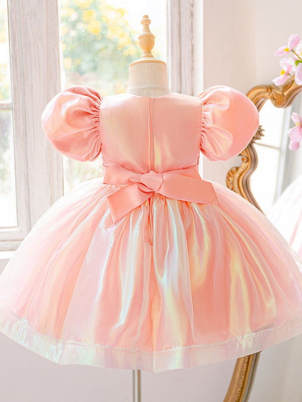 Ball Gown Scoop Puff Sleeves Knee-Length Flower Girl Dresses With Beading & Bowknot