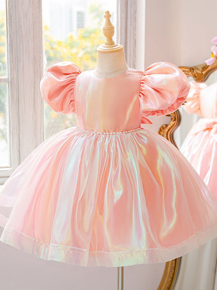 Ball Gown Scoop Puff Sleeves Knee-Length Flower Girl Dresses With Beading &amp; Bowknot