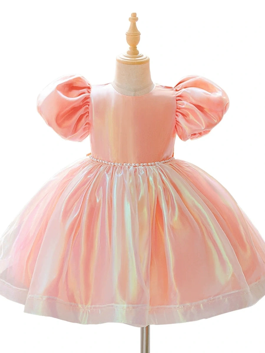 Ball Gown Scoop Puff Sleeves Knee-Length Flower Girl Dresses With Beading &amp; Bowknot