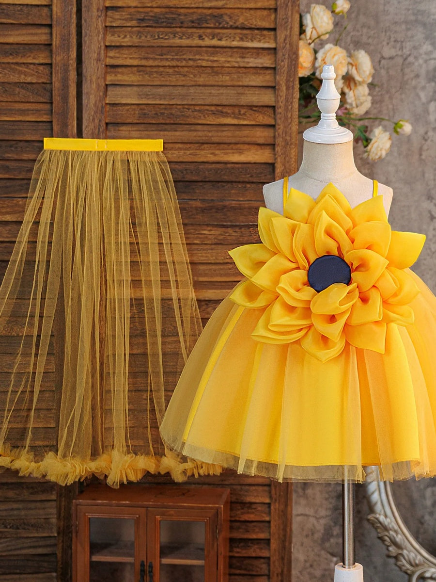 Ball Gown Spaghetti Straps Sleeveless Knee-Length Two Pieces Flower Girl Dresses With 3D Floral