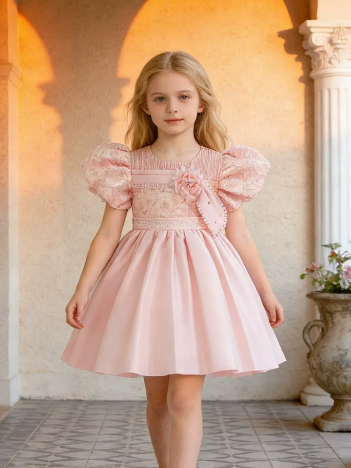 Ball Gown Scoop Puff Sleeves Knee-Length  Flower Girl Dresses With 3D Floral &amp; Pearl