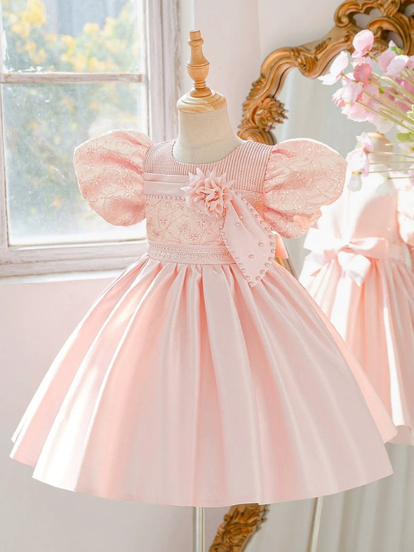 Ball Gown Scoop Puff Sleeves Knee-Length  Flower Girl Dresses With 3D Floral & Pearl