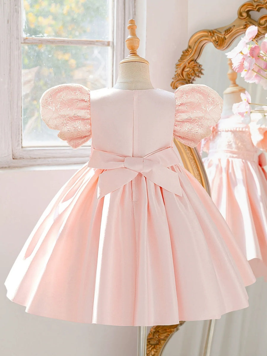 Ball Gown Scoop Puff Sleeves Knee-Length  Flower Girl Dresses With 3D Floral &amp; Pearl
