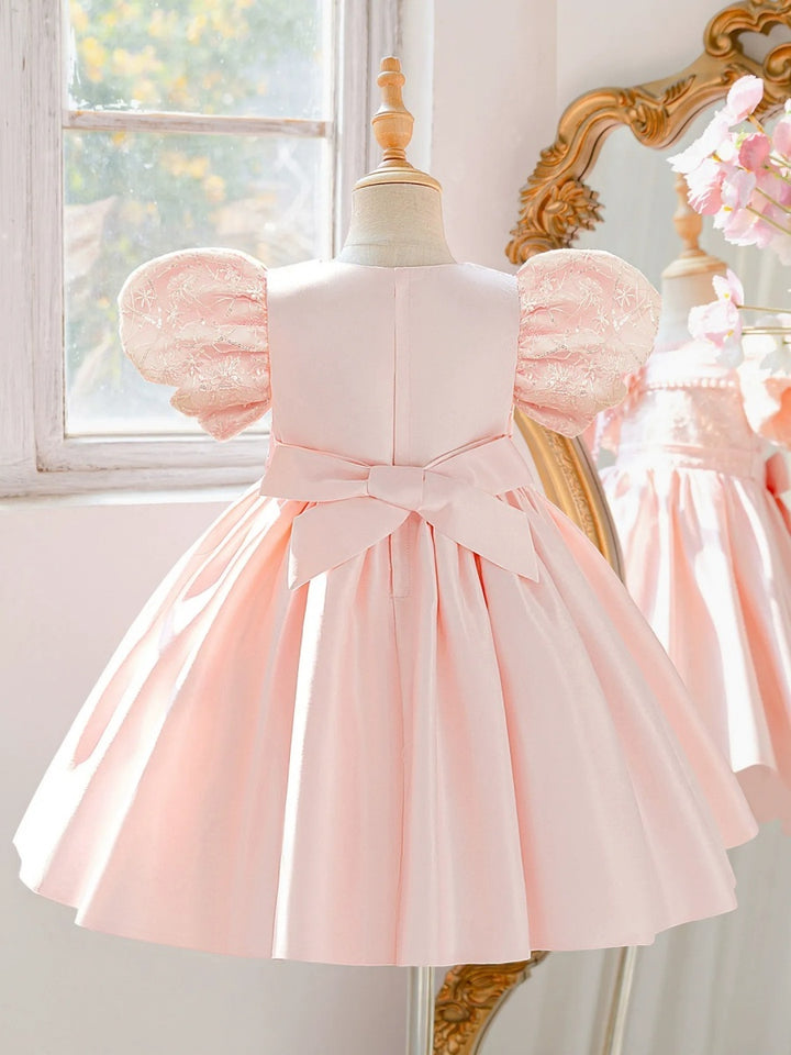Ball Gown Scoop Puff Sleeves Knee-Length  Flower Girl Dresses With 3D Floral &amp; Pearl