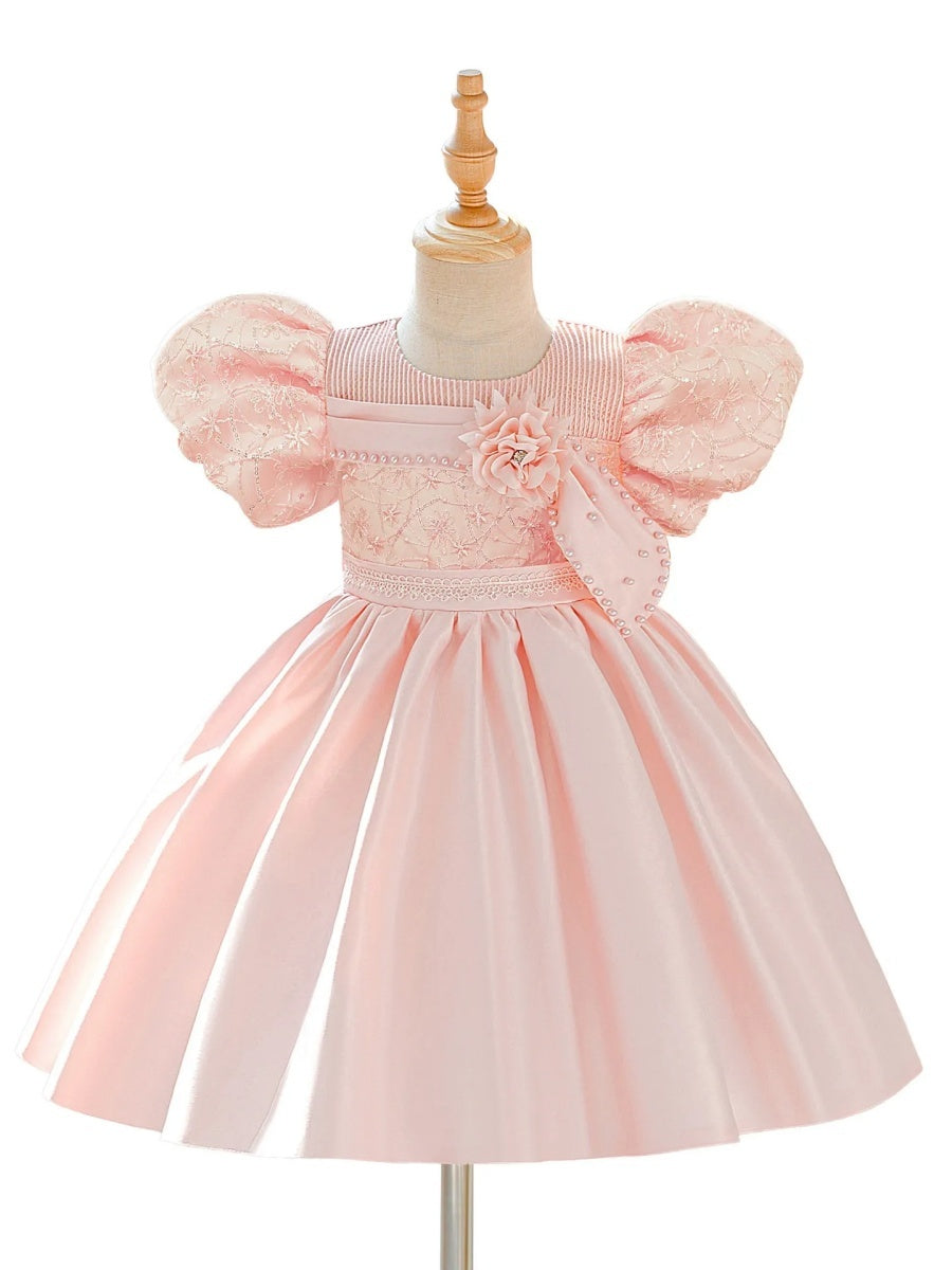 Ball Gown Scoop Puff Sleeves Knee-Length  Flower Girl Dresses With 3D Floral &amp; Pearl