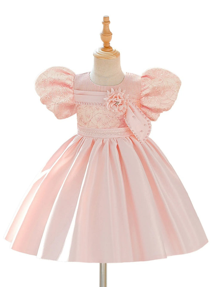 Ball Gown Scoop Puff Sleeves Knee-Length  Flower Girl Dresses With 3D Floral &amp; Pearl