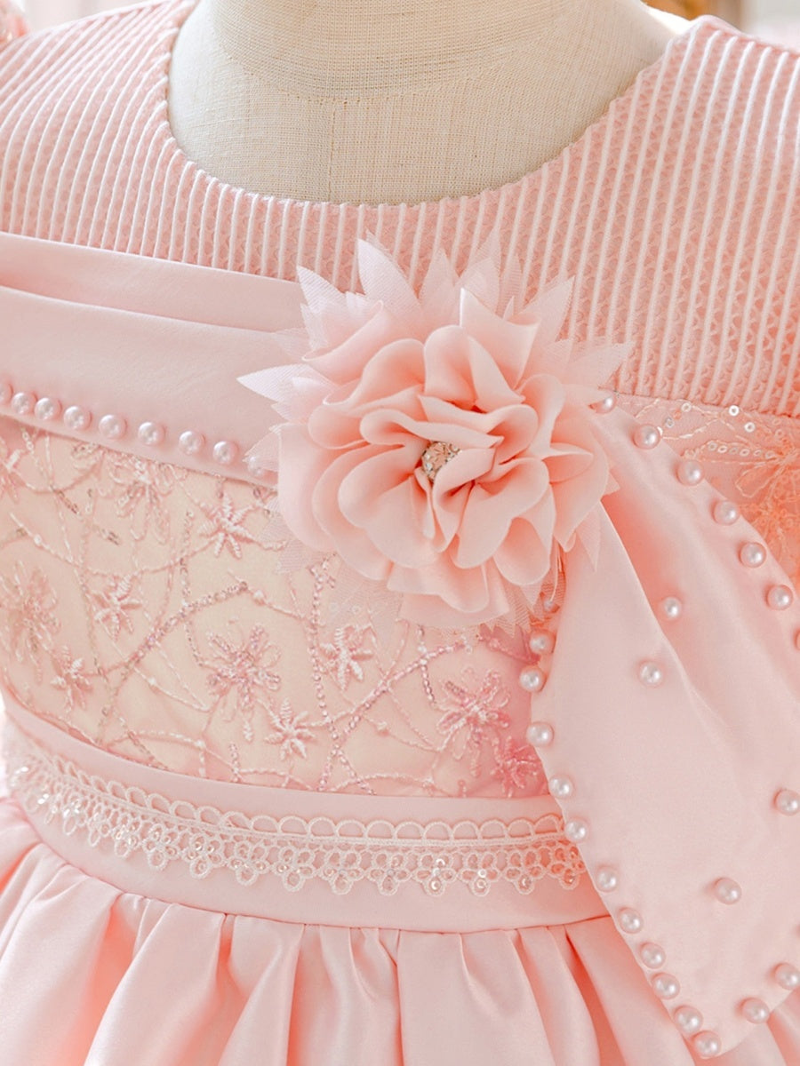 Ball Gown Scoop Puff Sleeves Knee-Length  Flower Girl Dresses With 3D Floral &amp; Pearl