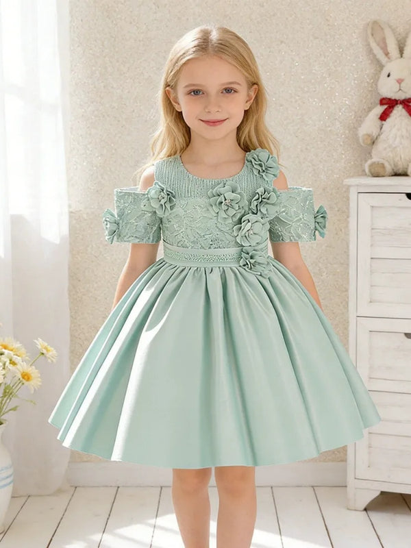 Ball Gown Scoop Short Sleeves Knee-Length  Flower Girl Dresses With 3D Floral & Applique