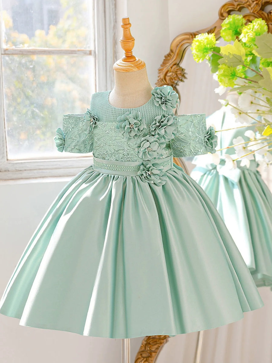 Ball Gown Scoop Short Sleeves Knee-Length  Flower Girl Dresses With 3D Floral &amp; Applique