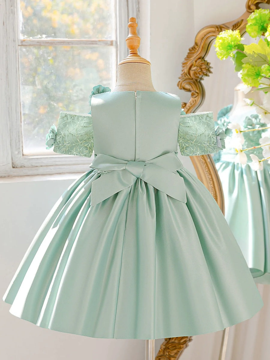 Ball Gown Scoop Short Sleeves Knee-Length  Flower Girl Dresses With 3D Floral &amp; Applique