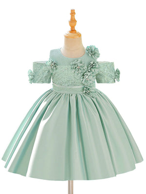 Ball Gown Scoop Short Sleeves Knee-Length  Flower Girl Dresses With 3D Floral & Applique