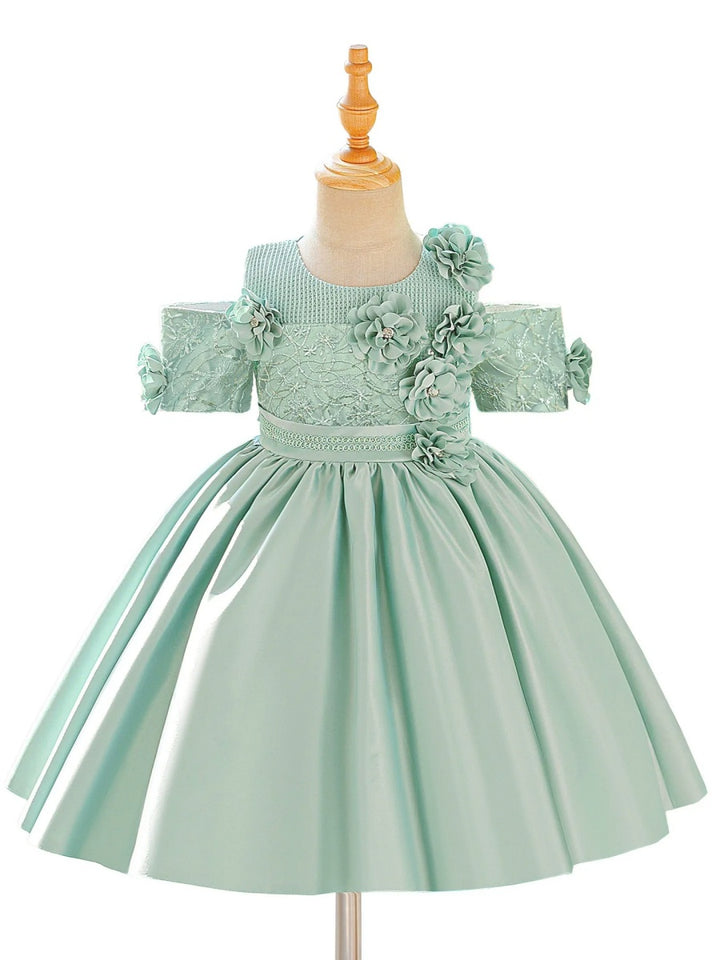 Ball Gown Scoop Short Sleeves Knee-Length  Flower Girl Dresses With 3D Floral &amp; Applique
