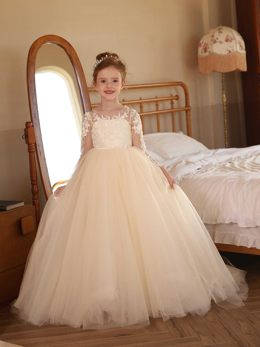 Lavetir Flower Girl Dresses Light Champagne Crew Neck Illusion Long Sleeves Tulle with Applique 2026