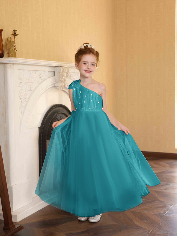 A-Line/Princess One-Shoulder Tulle Flower Girl Dresses with Pearls