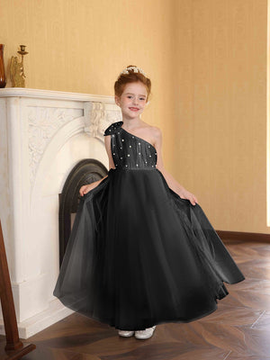 A-Line/Princess One-Shoulder Tulle Flower Girl Dresses with Pearls