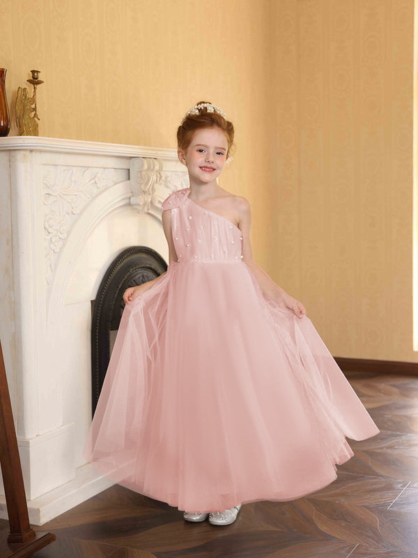 A-Line/Princess One-Shoulder Tulle Flower Girl Dresses with Pearls