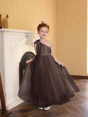 A-Line/Princess One-Shoulder Tulle Flower Girl Dresses with Pearls