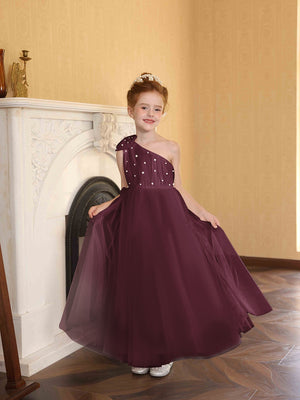 A-Line/Princess One-Shoulder Tulle Flower Girl Dresses with Pearls
