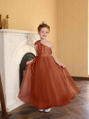 A-Line/Princess One-Shoulder Tulle Flower Girl Dresses with Pearls
