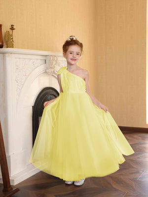 A-Line/Princess One-Shoulder Tulle Flower Girl Dresses with Pearls