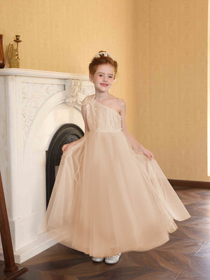 A-Line/Princess One-Shoulder Tulle Flower Girl Dresses with Pearls