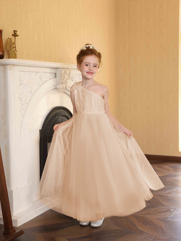A-Line/Princess One-Shoulder Tulle Flower Girl Dresses with Pearls