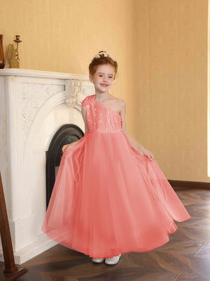 A-Line/Princess One-Shoulder Tulle Flower Girl Dresses with Pearls