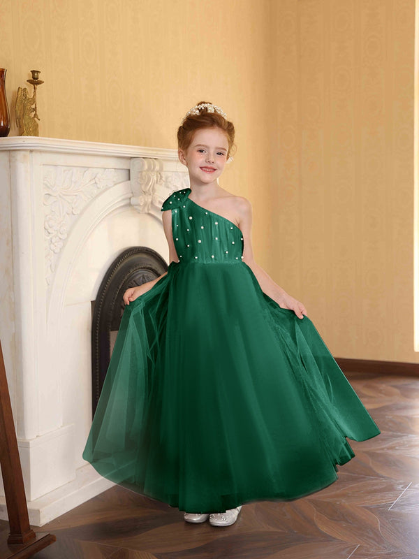 A-Line/Princess One-Shoulder Tulle Flower Girl Dresses with Pearls