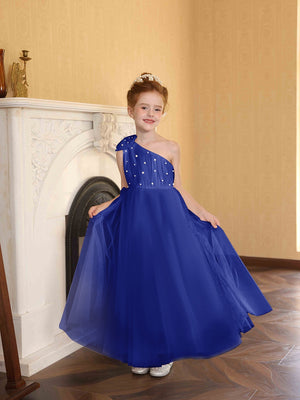 A-Line/Princess One-Shoulder Tulle Flower Girl Dresses with Pearls