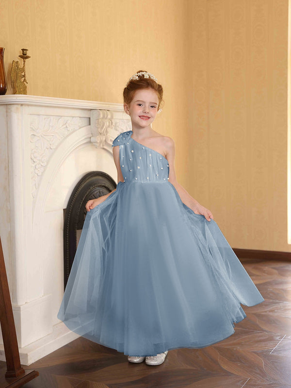 A-Line/Princess One-Shoulder Tulle Flower Girl Dresses with Pearls