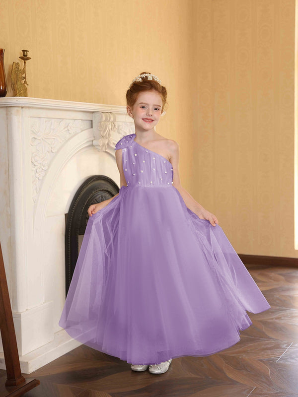 A-Line/Princess One-Shoulder Tulle Flower Girl Dresses with Pearls