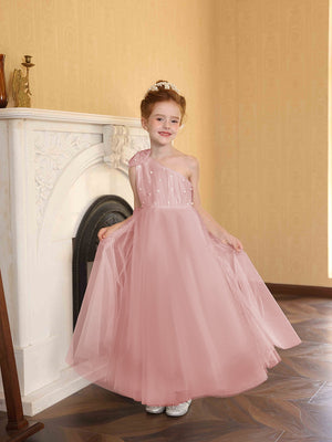 A-Line/Princess One-Shoulder Tulle Flower Girl Dresses with Pearls