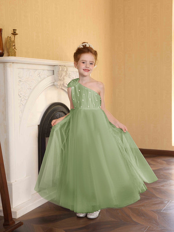 A-Line/Princess One-Shoulder Tulle Flower Girl Dresses with Pearls