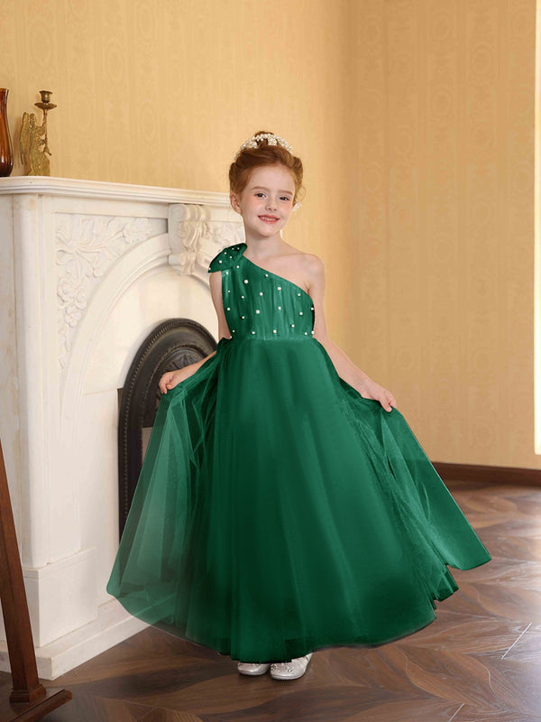 A-Line/Princess One-Shoulder Tulle Flower Girl Dresses with Pearls