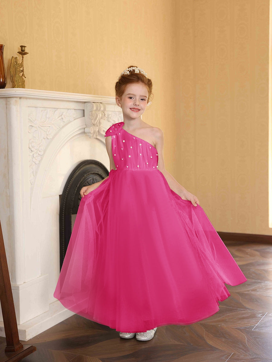 A-Line/Princess One-Shoulder Tulle Flower Girl Dresses with Pearls