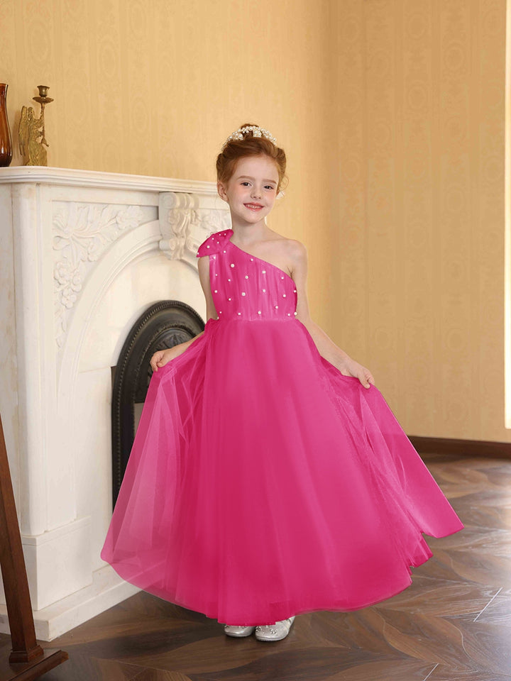 A-Line/Princess One-Shoulder Tulle Flower Girl Dresses with Pearls
