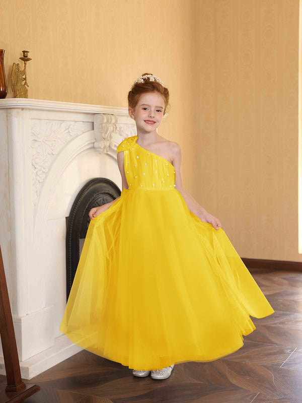 A-Line/Princess One-Shoulder Tulle Flower Girl Dresses with Pearls