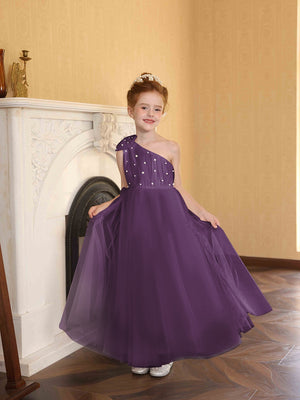 A-Line/Princess One-Shoulder Tulle Flower Girl Dresses with Pearls