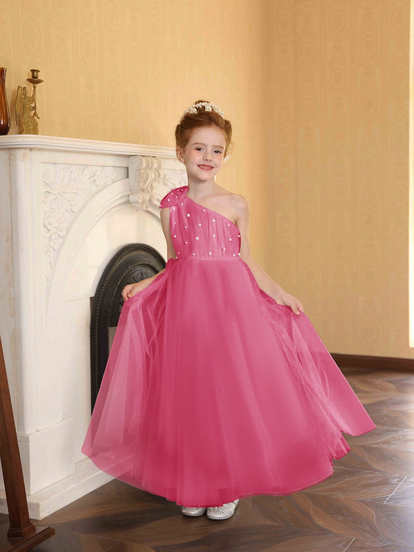 A-Line/Princess One-Shoulder Tulle Flower Girl Dresses with Pearls