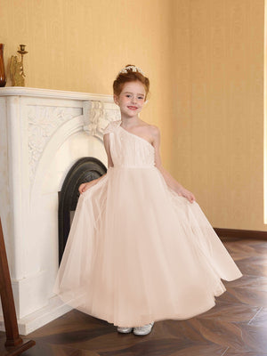 A-Line/Princess One-Shoulder Tulle Flower Girl Dresses with Pearls