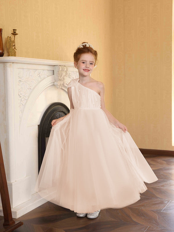 A-Line/Princess One-Shoulder Tulle Flower Girl Dresses with Pearls