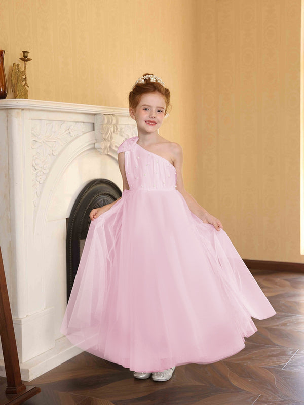 A-Line/Princess One-Shoulder Tulle Flower Girl Dresses with Pearls